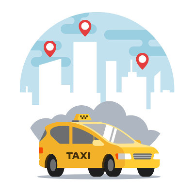 城市背景上的黄色出租车。