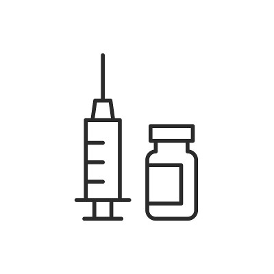 疫苗图标。内衬注射器和药瓶隔离在白色背景上。Covid-19疫苗图标。矢量图