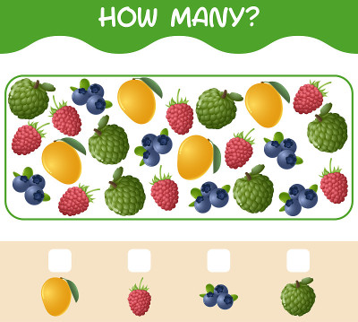 How many cartoon fruits. Counting game. Educationa
