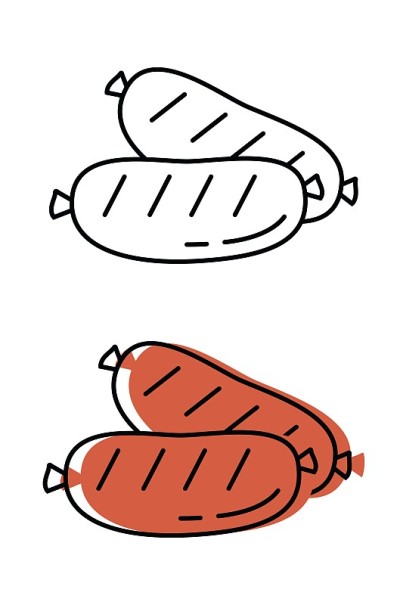香肠来自天然肉。优质农产品。平面风格的矢量图标