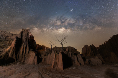 在泰国拉鲁山的夜晚，蓝色的天空中闪烁着明亮的星星。自然宇宙空间景观背景。这就是银河系。天文景观。