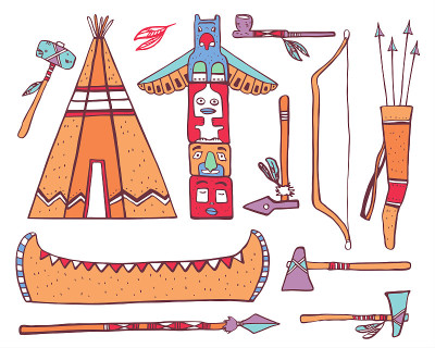 Native American traditional objects. Wigwam, totem