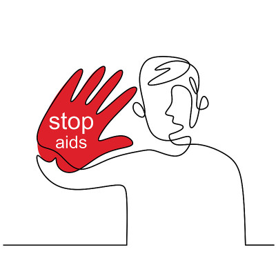 停止艾滋病连续画一条线。一名年轻男子站在白色背景上用手势表示阻止艾滋病和红丝带隔离。世界艾滋病日。认