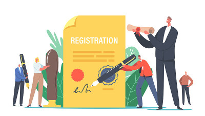 小人物签署巨大的新公司注册文件。创业形式，品牌形象塑造