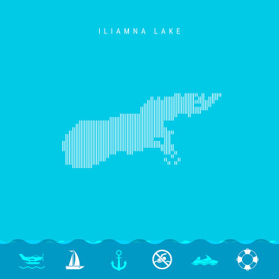 伊利亚姆纳湖矢量垂直线格局图。Iliamna湖的条纹剪影。救生员,船舶图标