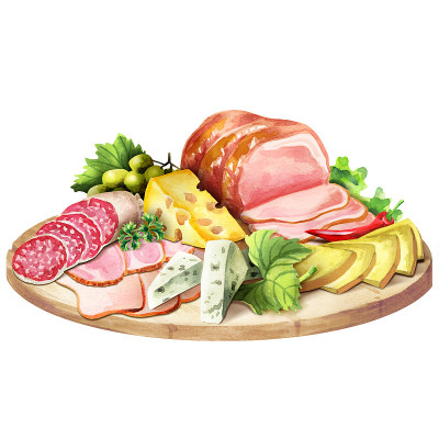 熏肉和奶酪。水彩