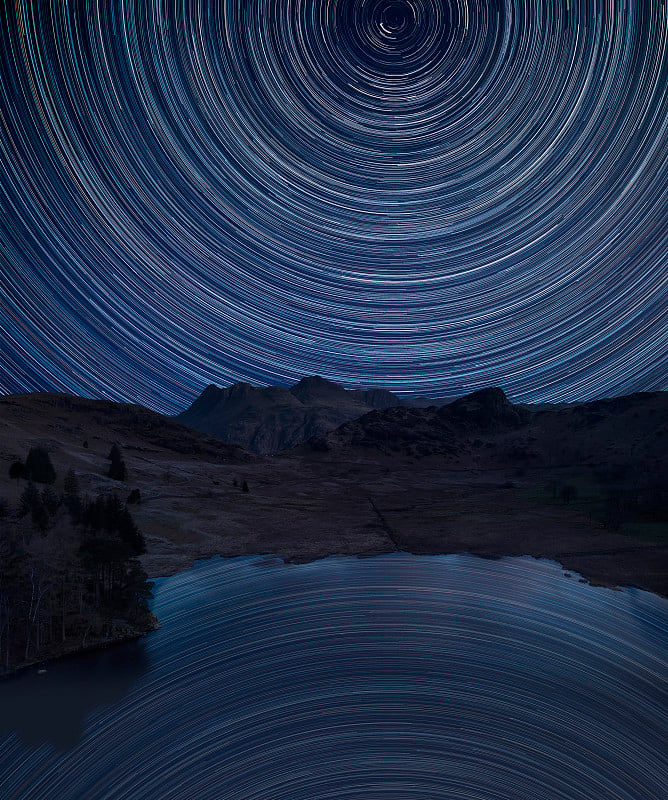 在英国湖区的Blea Tarn和Langdales Range的独特无人机空中日出景观的北极星轨迹的