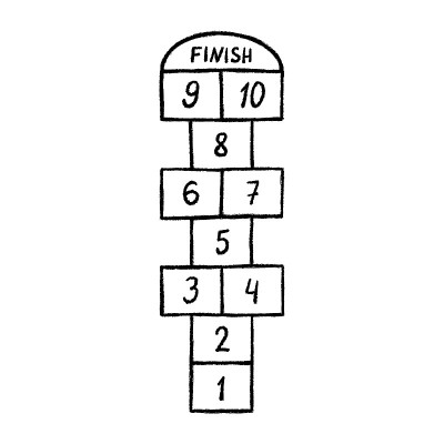 跳房子儿童活动游戏。带黑色数字的跳房子游戏。夏季户外游戏。手绘矢量插图孤立在白色背景