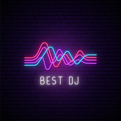 霓虹灯波信号。发光的抽象波浪和文本DJ在砖墙的背景。Dj音乐象征。矢量插图。