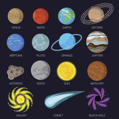 平面行星，星系，彗星和黑洞在黑暗的背景信息图模板矢量插图集。太阳系的概念。