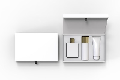 空白化妆品礼盒品牌，3d渲染插图。