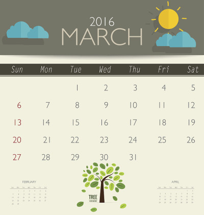 2016年日历，月日历模板为3月。