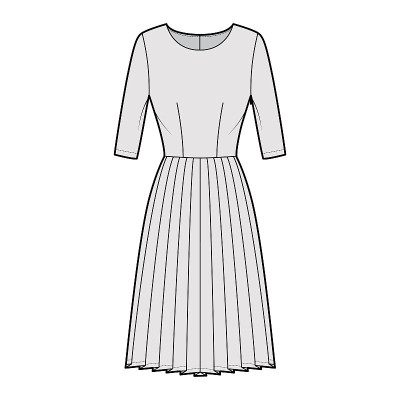 连衣裙打褶技术时尚插图与肘袖，合体的身体，及膝裙。平服装方面