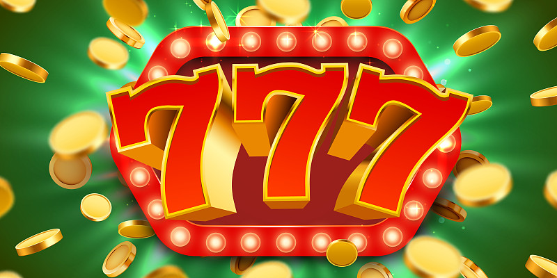 头奖777标志以逼真的黄金3d钱币为背景。