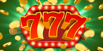 头奖777标志以逼真的黄金3d钱币为背景。