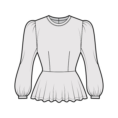 腰边衬衫技术时尚插图与蓬松的长袖，勺式颈部，合身的身体。平服装衬衫