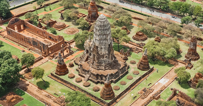 鸟瞰图大城府，Wat ratchabrana，空在冠状病毒期间，在Phra Nakhon Si大城府