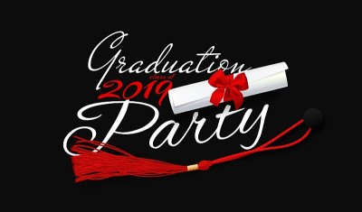 毕业晚会。给2019届毕业生的文字。矢量文字为毕业设计，祝贺事件，聚会，问候，邀请卡，高中或大学毕业