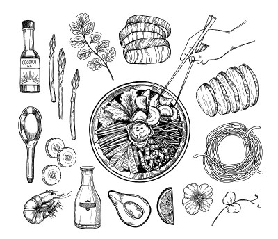 手绘矢量插图。亚洲食品。面条和各种蔬菜，猪肉，三文鱼，椰子油，香草。用中国筷子。非常适合咖啡馆和餐厅