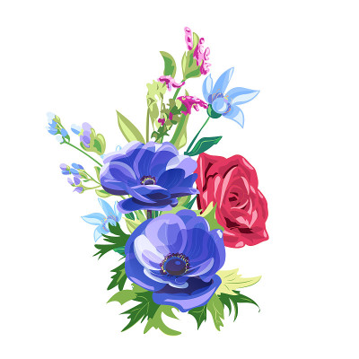 蓝、红花束:玫瑰、银莲花、勿忘我、花蕾、茎叶白底、数码画、水彩画风格、植物插画、矢量
