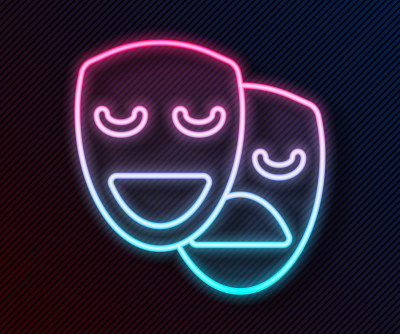 发光的霓虹灯线喜剧和悲剧戏剧面具图标孤立在黑色的背景。向量