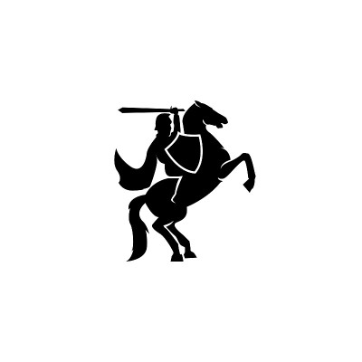 一名战争骑士士兵携带着一把佩带盔甲的剑去战争与他的马标志图标设计平面矢量模板插图剪影白色背景