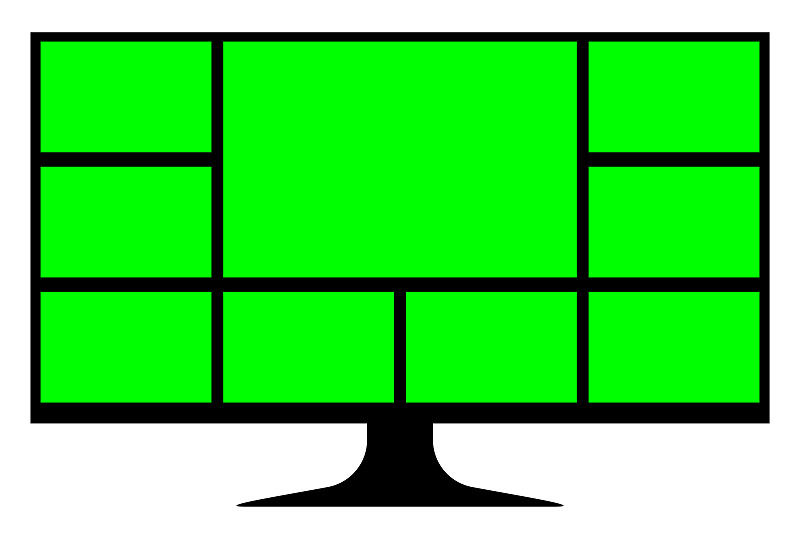 绿色屏幕在液晶屏幕电脑上用于视频通话插入，绿色屏幕拼贴网格模板，电脑屏幕用于布局web应用程序(在家