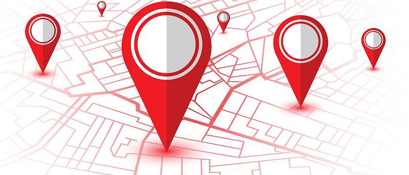 红色大头针显示gps导航地图上的位置。矢量图
