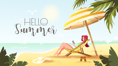 Hello夏日卡片设计与女人坐在阳光躺椅下的遮阳伞。