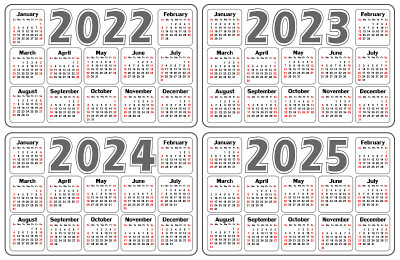 2022 - 2025年日历。