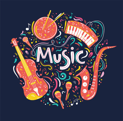 Hand drawn circle illustration with musical instru