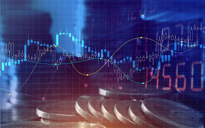 双重曝光的图形和行币为金融和商业概念。