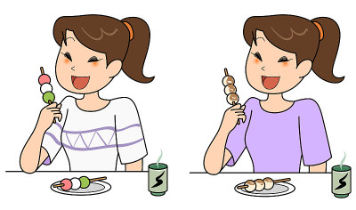 一个女人在吃三色饺子和手樽饺子