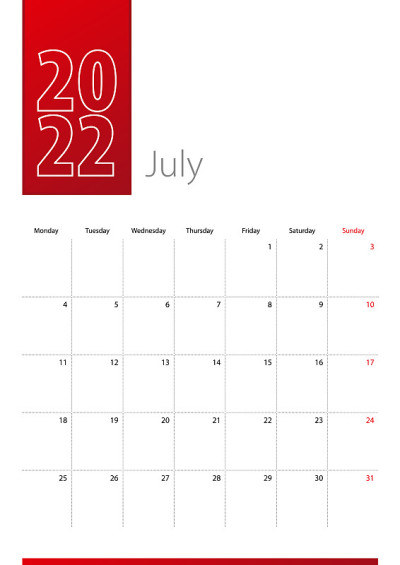2022年7月挂历设计。一周从星期一开始。垂直日历模板。