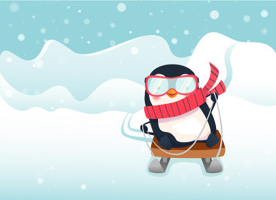 企鹅在雪橇上。企鹅卡通矢量插图。二次破碎