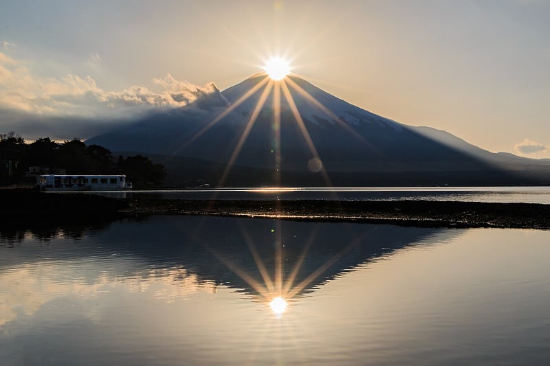 从山中湖看“富士双钻石”