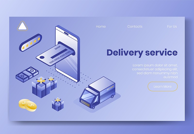 数字等距设计概念集交付服务app 3d图标。等距商业金融符号-手机，卡车汽车，银行卡，包装盒登陆页面预览效果