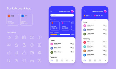 银行应用用户界面(UI)智能手机与额外的图标集。金融投资工具。向量。