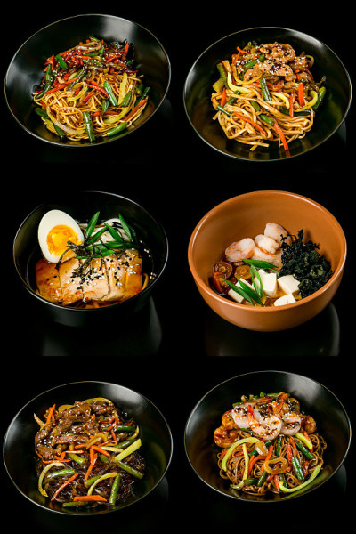 遥远的外卖亚洲美食:牛肉炒面，味噌汤，炸猪肉，蔬菜，肉汤，煮虾，腌蘑菇，鲑鱼，辣椒