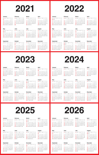 2021年2022年2023年2024年2025年2026年日历矢量设计模板