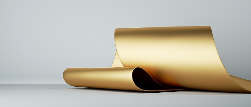 3 d渲染。抽象时尚背景与金色折叠丝带内白色房间。金箔卷