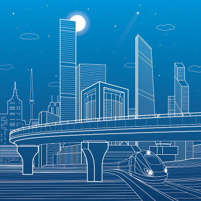 汽车公路，基础设施和交通场景，火车移动，夜城，塔和摩天大楼，飞机飞行，城市插图，矢量设计艺术