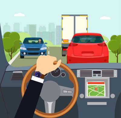 司机打算在郊区的高速公路上超车。从车厢内观看。矢量平面风格的插图。