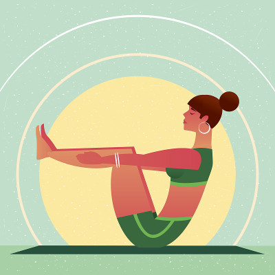 女孩坐在瑜伽船姿势或Navasana