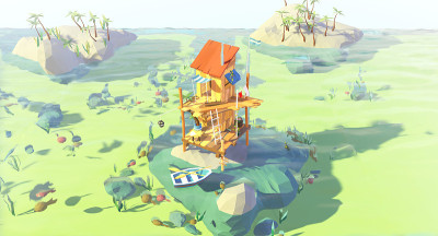 在珊瑚礁海小屋的3D渲染，旅游和度假概念低波利插图。