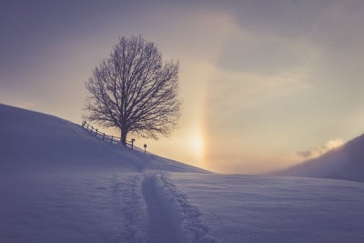 冬季阿尔卑斯山的雪景，日出带晕现象