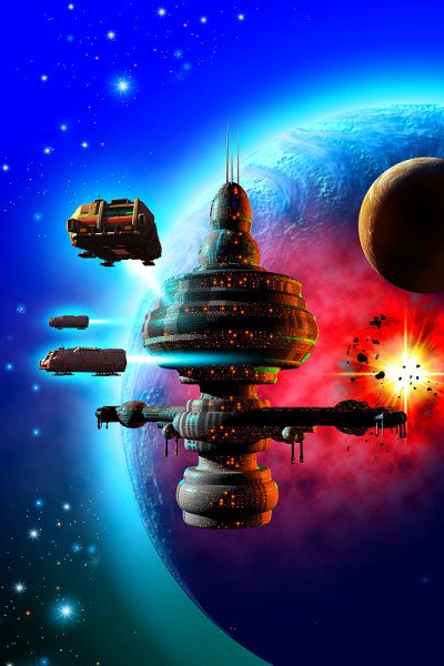 宇宙飞船从受到攻击的空间站出发，外星行星系统，3d插图