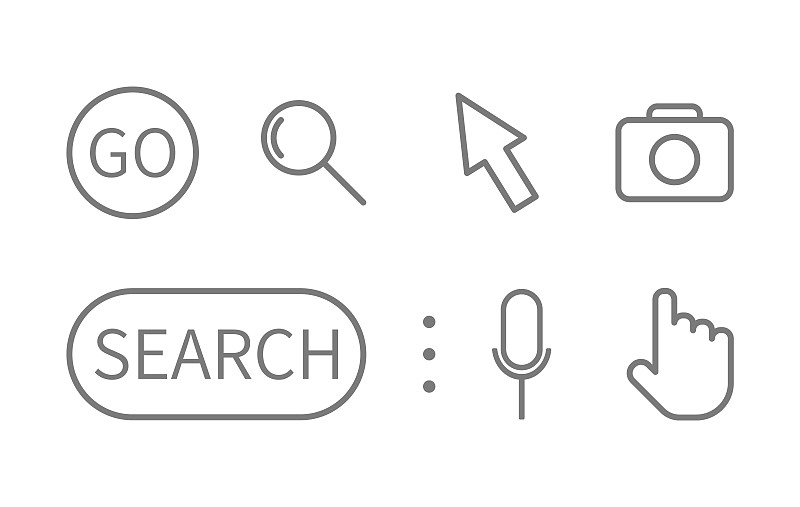 搜索行图标集。放大镜，搜索，光标指针，go，麦克风，相机符号。搜索栏。地址和导航模板。直接放在橱窗里