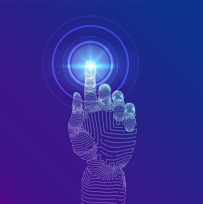 Robotic hand touching digital interface. Virtual r