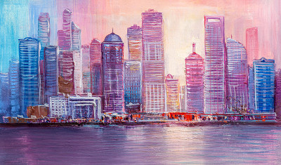 海边的夜景。油画的城市。